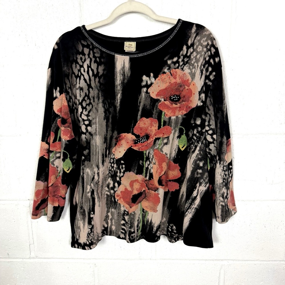 Jess & Jane Top Sparkly Gems Floral Bloom Core Artsy Art-to-Wear Maximalist 1X